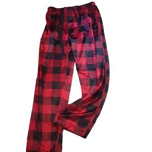 Men's KHOMBU red plaid polyester pajama pants sz M elastic waist pockets
